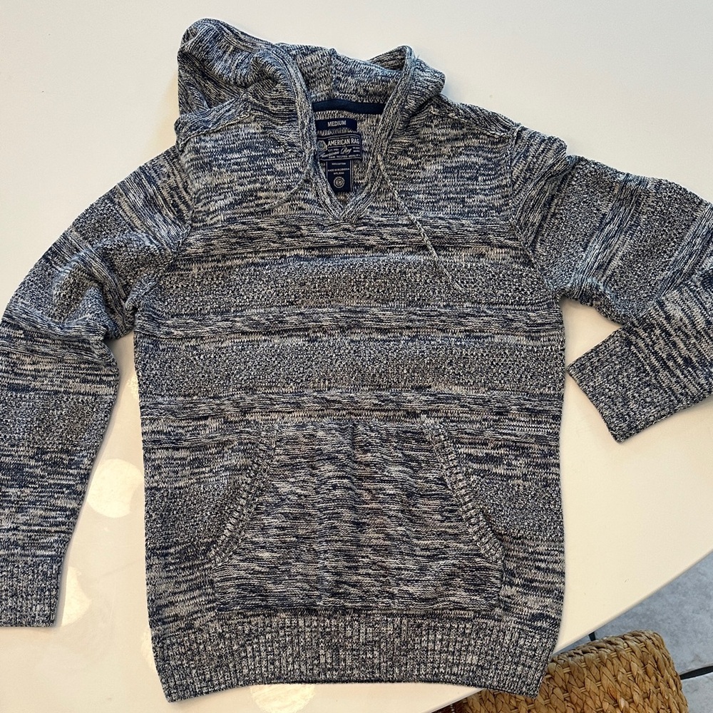 American Rag CIE Men's Marled Blue and White Hoodie Sweater